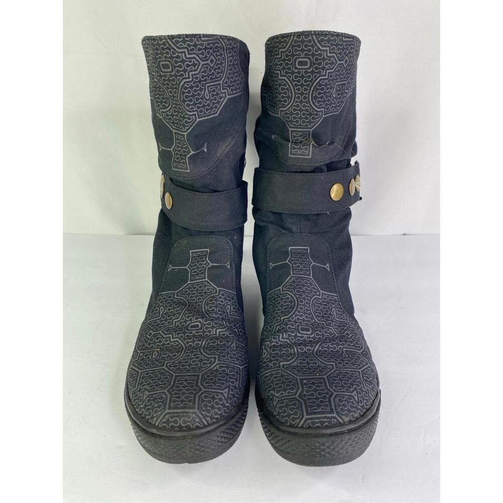 Black Patterned Mid-Calf Ankle Boots with Stud Strap